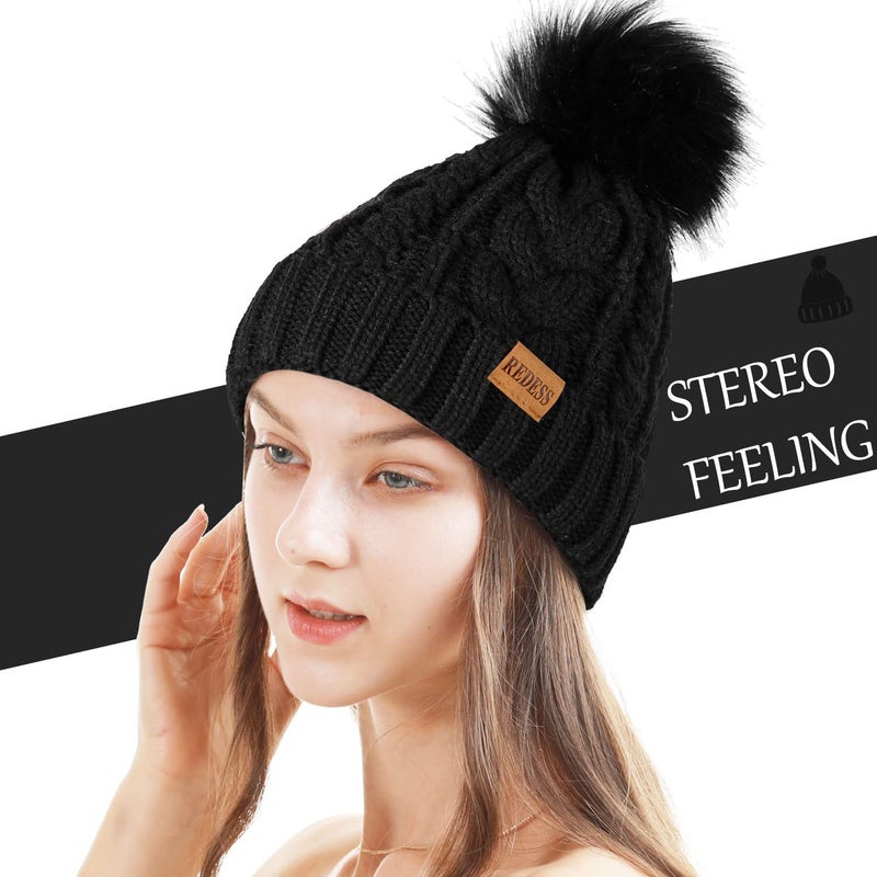 REDESS Women Winter Pompom Beanie Hat with Warm Fleece Lined, Thick Slouchy Snow Knit Skull Ski Cap - Image 2